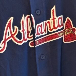 Atlanta Script Baseball Jersey in Navy with Red Glitter Logo